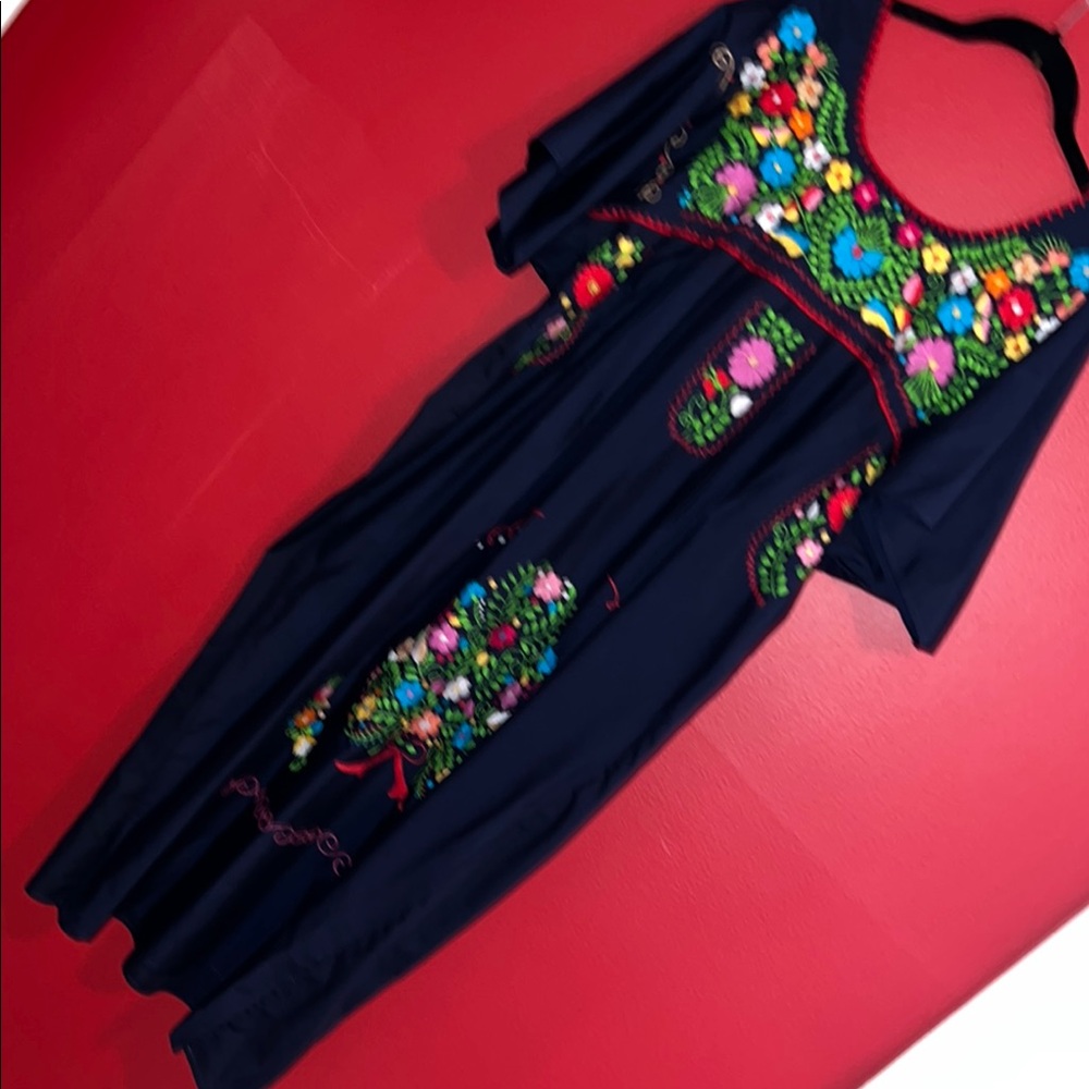 Hand Embroidered Mexican Maxi Dress in Navy Blue